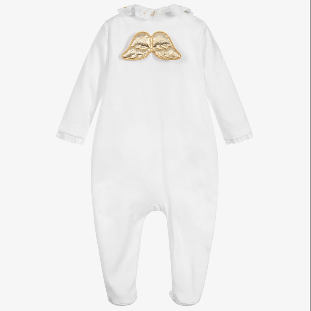 Marie Chantal Baby Girl Boy Gold Angel Wings Bodysuit One Piece Footie Sz 6 mo